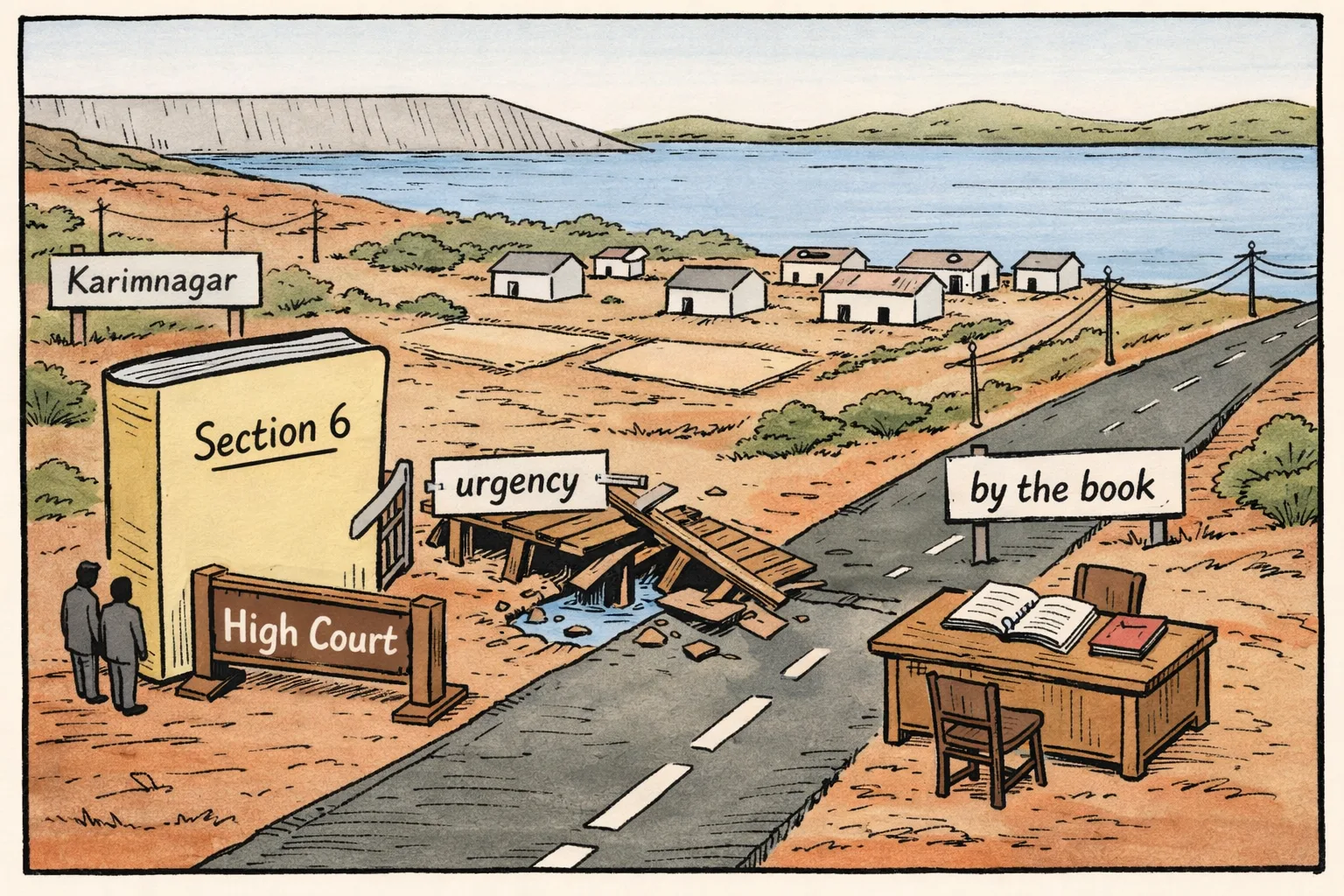 A large Section 6 land-acquisition file is stopped at a High Court barrier beside an empty 5-A hearing desk, while a collapsed urgency shortcut and the Mid Manair reservoir appear behind it.