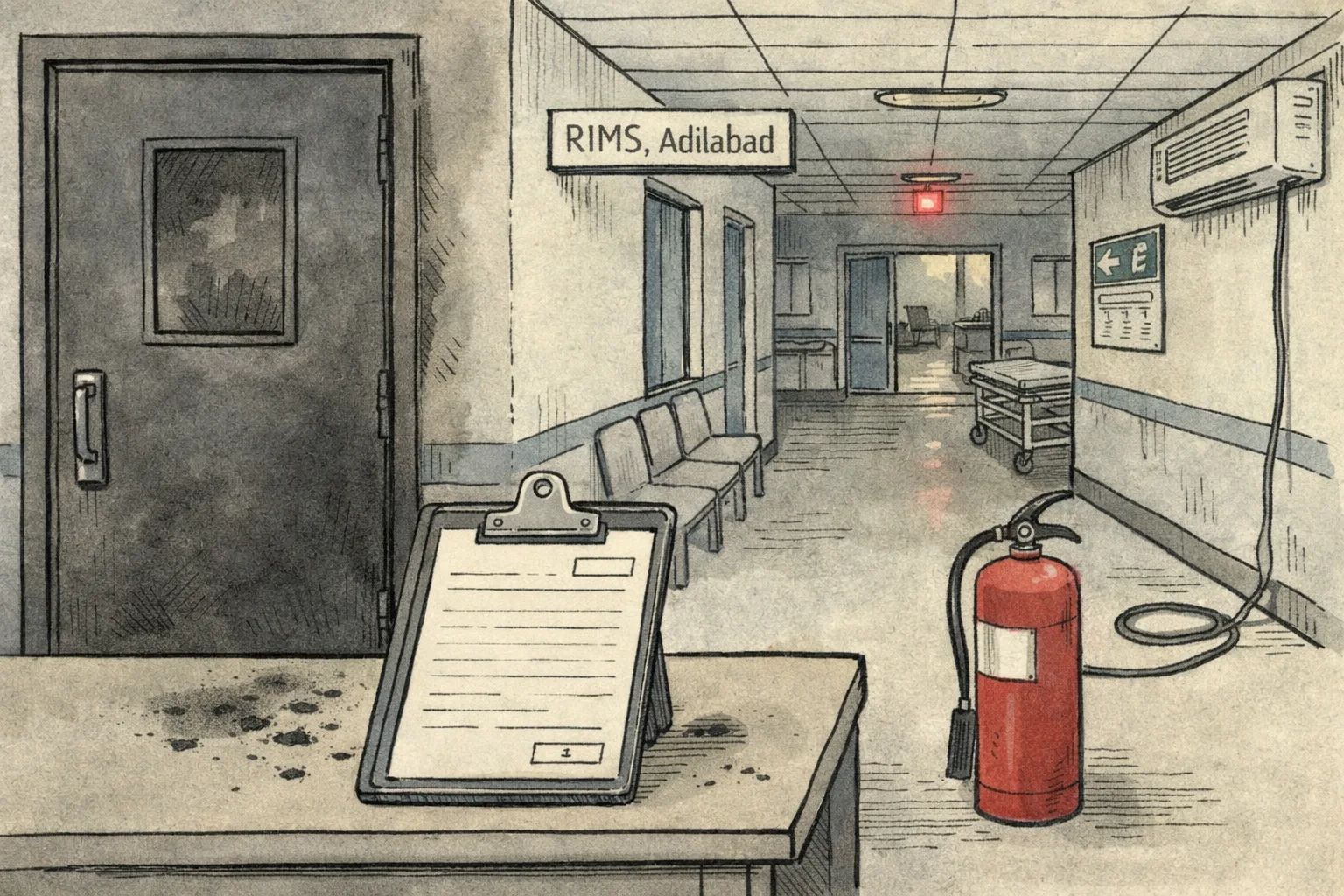A quiet, smoke-darkened hospital corridor at RIMS Adilabad with a closed ward door, an unused fire extinguisher and a clipboard of largely blank forms on a desk.