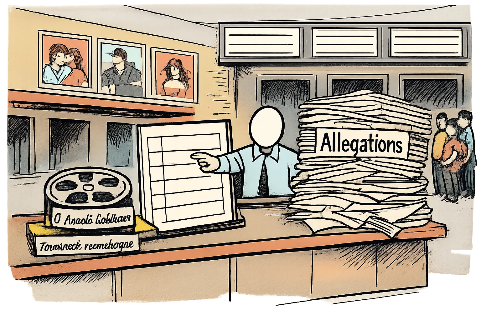 A small film reel sits at a cinema booking counter beside a blank theatre list, while a large pile of papers labelled “Allegations” blocks the window.
