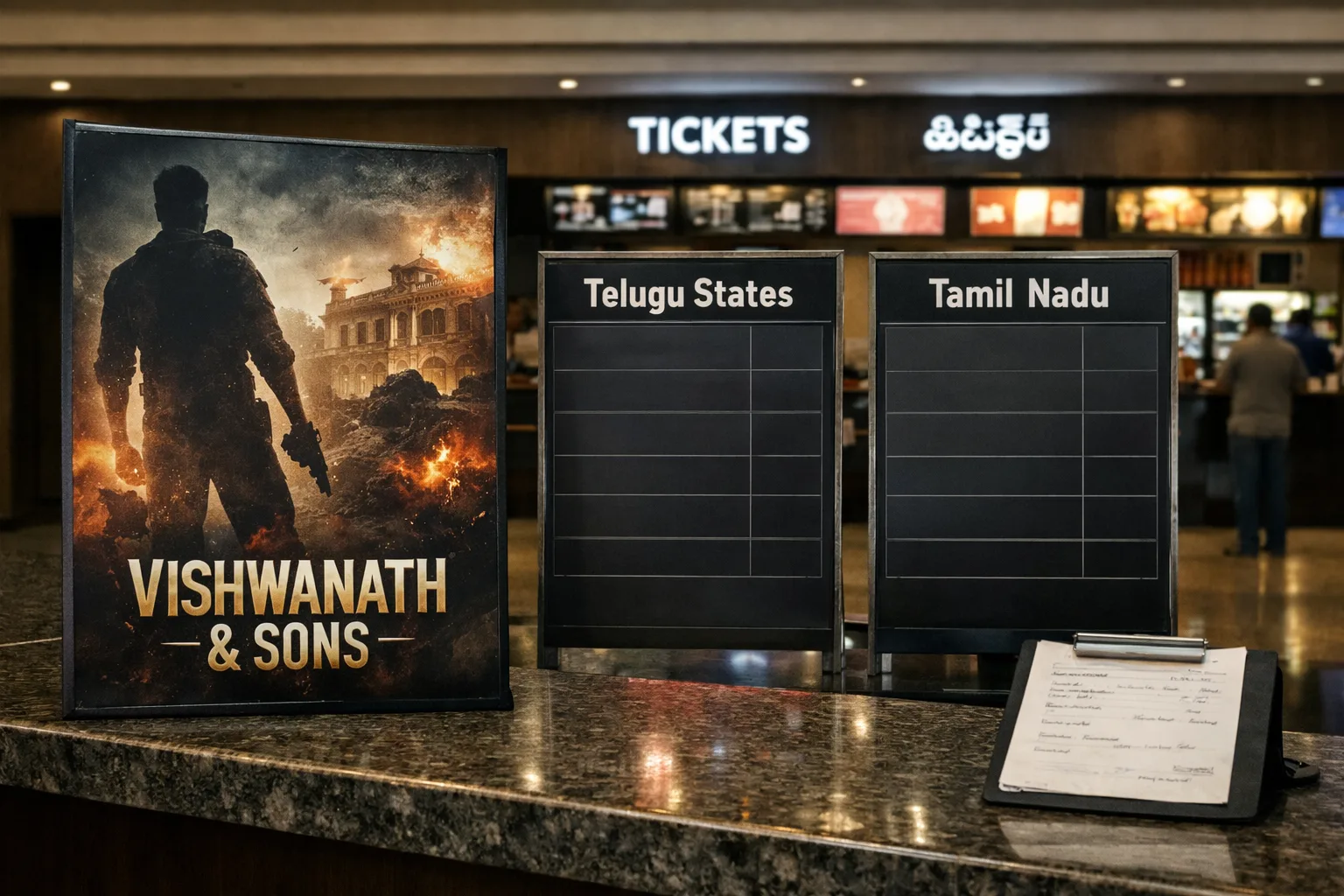 A photorealistic cinema-theatre display for Vishwanath & Sons, with a Telugu-state booking board and a Tamil Nadu booking board showing no readable figures, while a trade-report sheet rests beside a ticket counter.