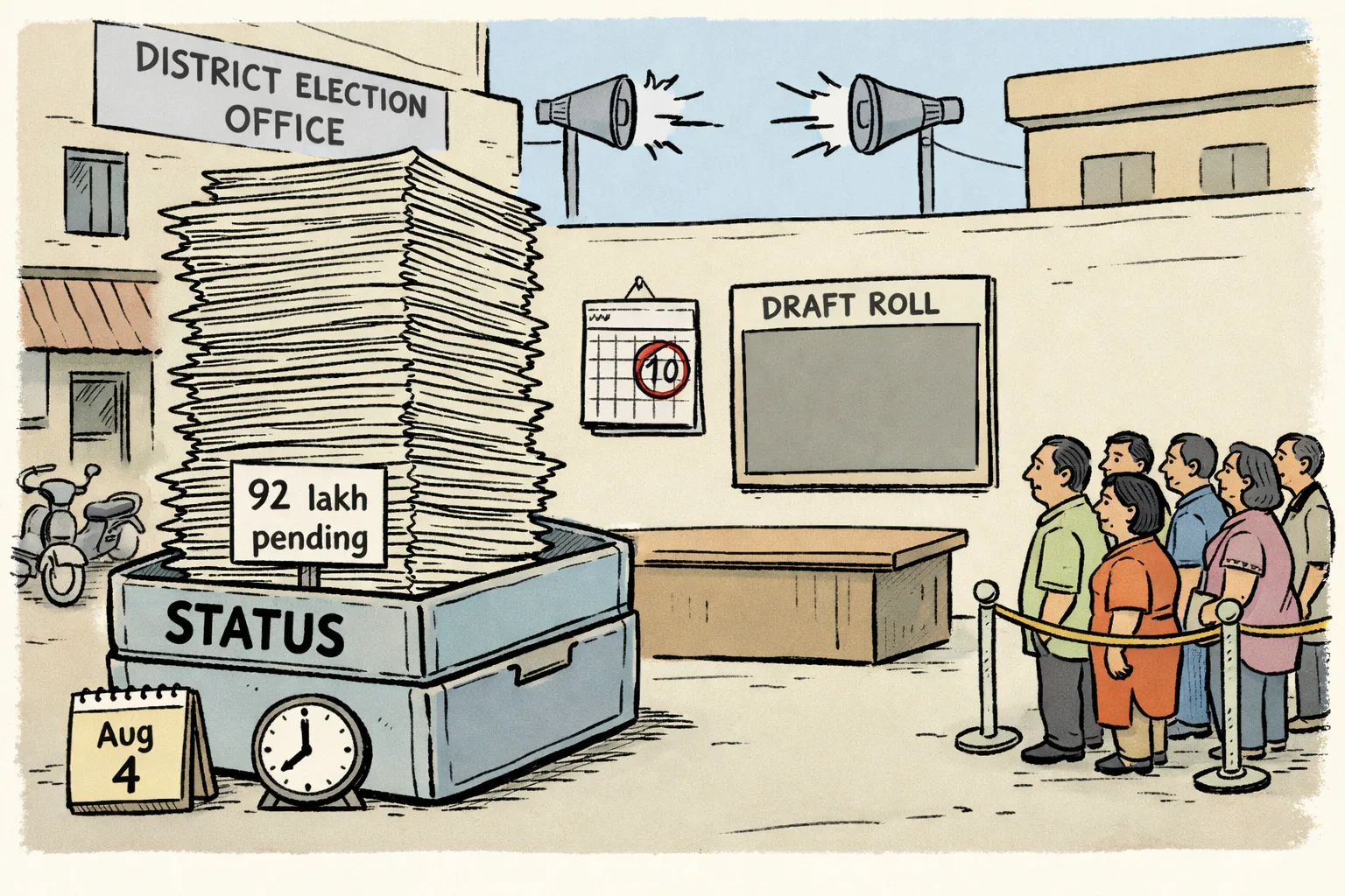 A giant election form sits in a Telangana election office inbox marked as pending, while a wall calendar shows August 4 and a shuttered information counter stands beside it; small voter silhouettes wait outside beneath a notice promising a draft roll on August 10.