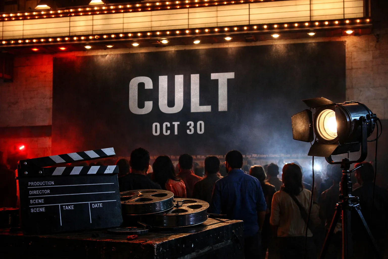 A cinema publicity display shows the words “CULT” and “OCT 30” beside a clapperboard and film reels, with a theatre marquee and viewers in the background.