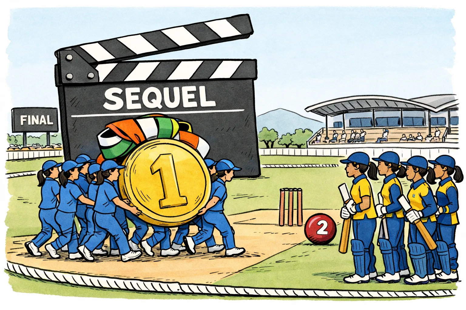 Two unidentifiable women’s cricket teams face each other on a cricket pitch, while one team carries an oversized gold medal beside a giant clapperboard marked ‘SEQUEL’.