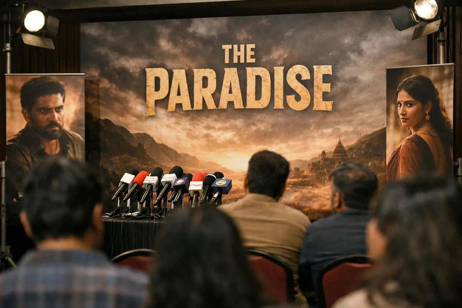 A film-promotion display for The Paradise stands behind microphones and event lighting at a Chennai publicity venue, with an indistinct crowd in front.