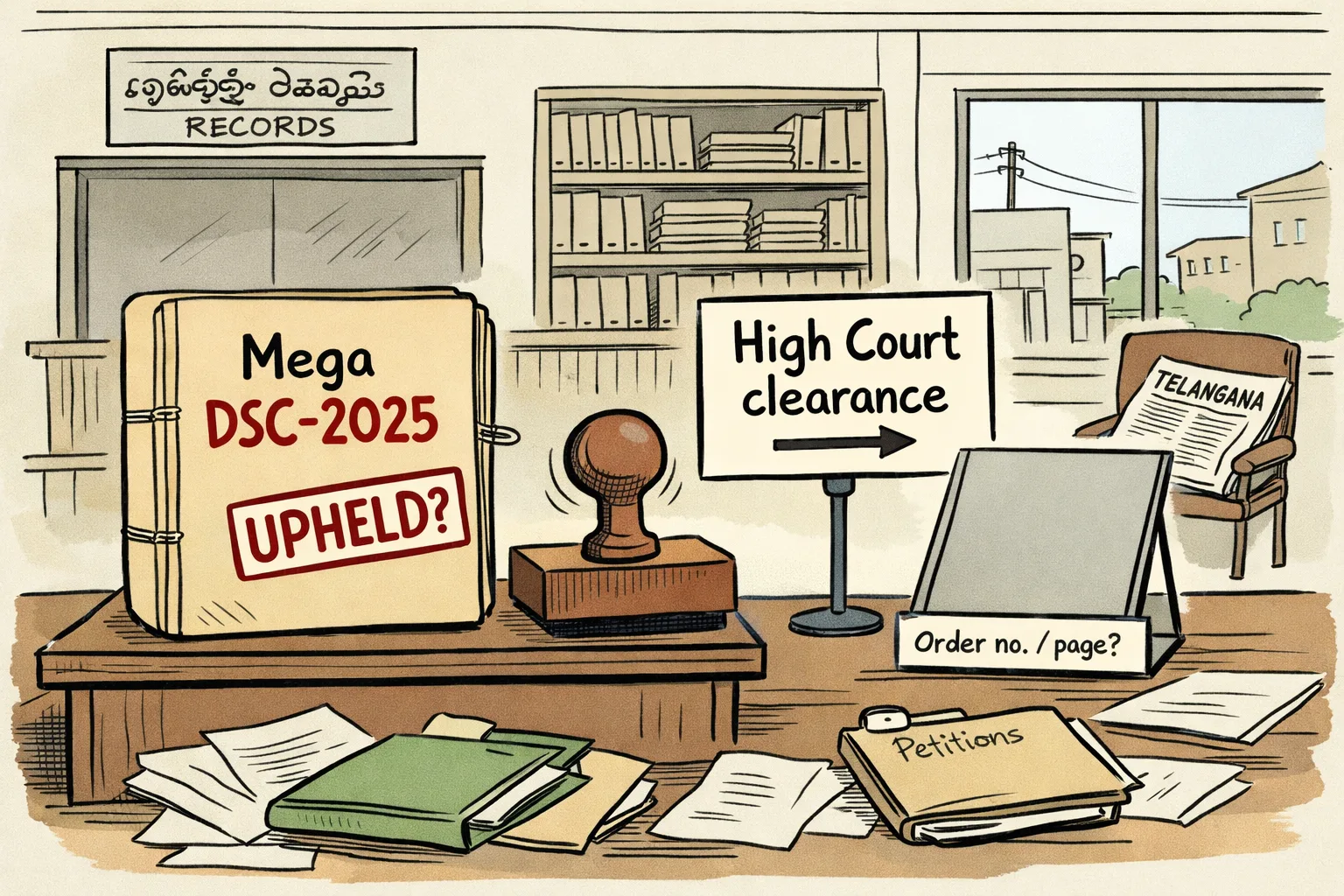 A giant file marked “Mega DSC-2025” sits on a courtroom-style podium, while a government loudspeaker points to an empty space where a case number and quoted passage should be; loose petition papers and a Telangana newspaper lie in the foreground.