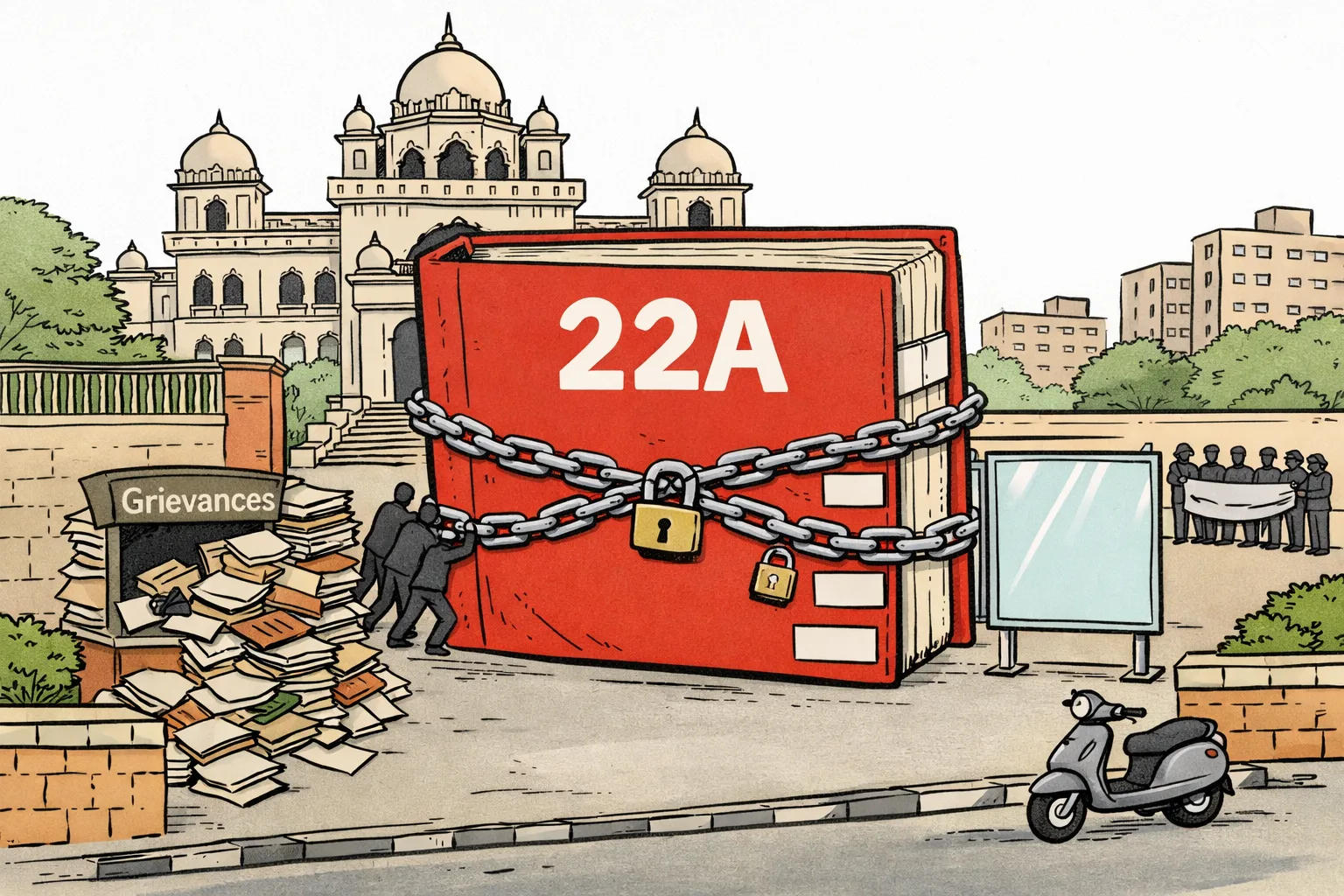 A giant chained file marked “22A” blocks the entrance to a Telangana Assembly building, beside an empty information board and a small grievance counter buried under files.
