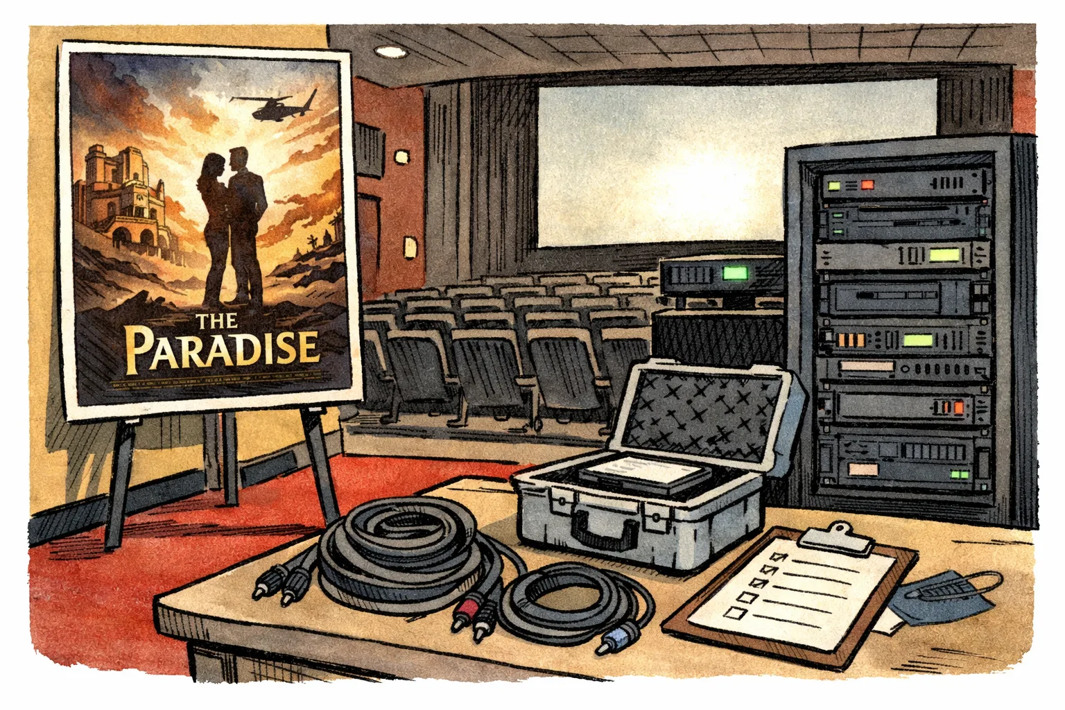 An overseas cinema auditorium is prepared for a Telugu premiere, with a film poster, a hard-drive case and projection equipment in the foreground.