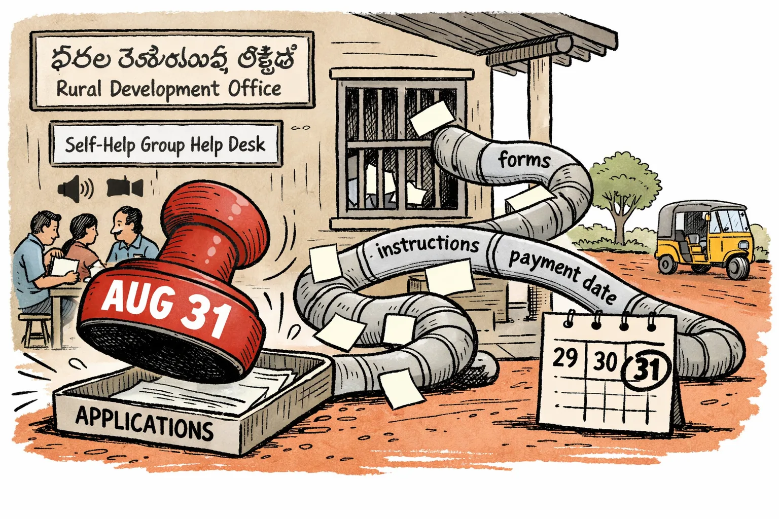 A giant August 31 stamp descends over a nearly empty pension application tray while unfinished paperwork is tangled in a pipe outside a Telangana rural office.
