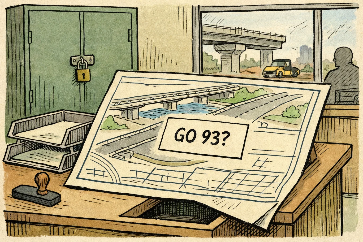 A large construction blueprint marked with a question mark lies on a Telangana government office desk, while a locked records cupboard and an empty document tray sit behind it; a small road roller and bridge model are visible through the window.