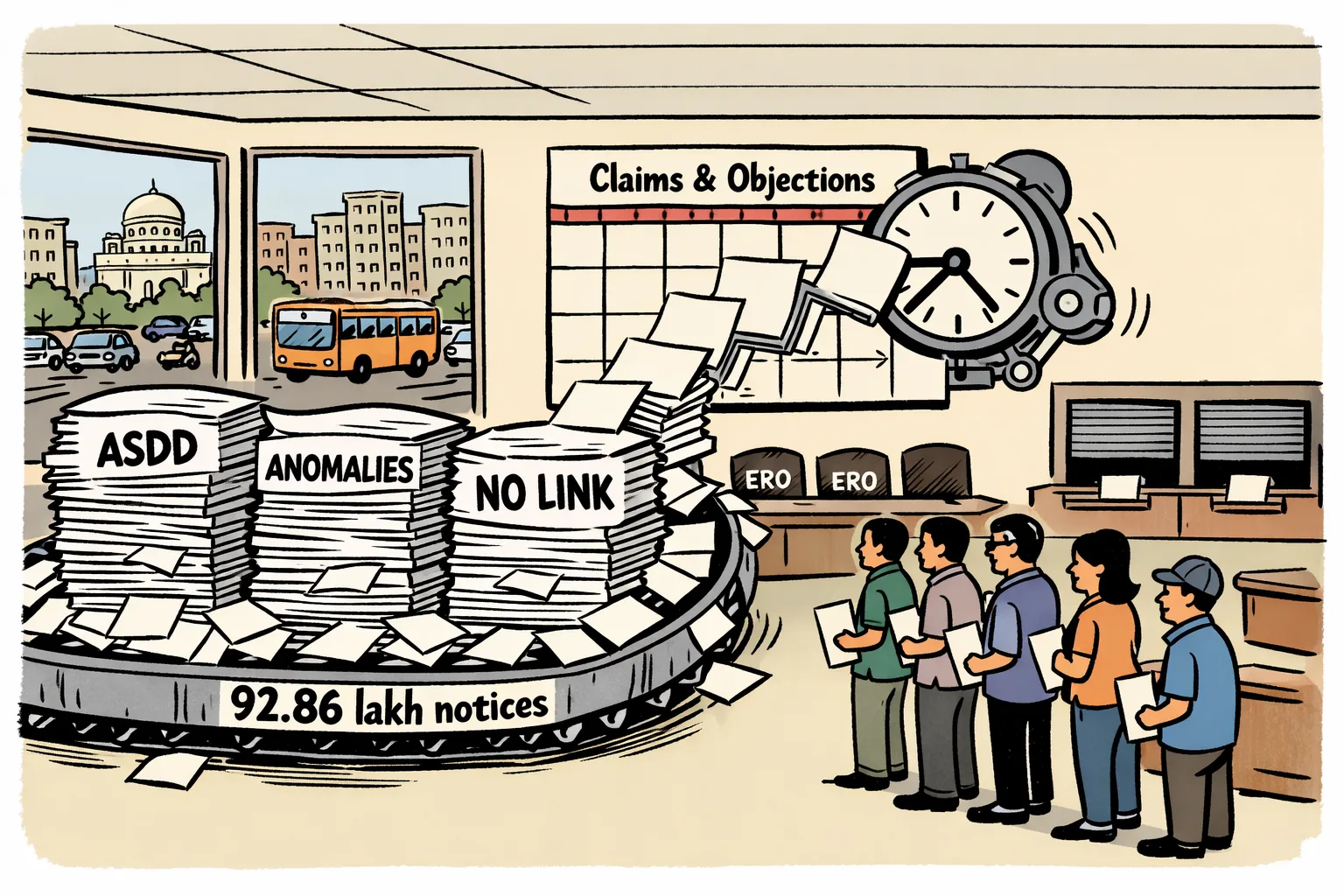 A giant pile of electoral-roll forms labelled with three categories jams a government-office corridor beside a shrinking calendar, while voters wait at an understaffed help desk.
