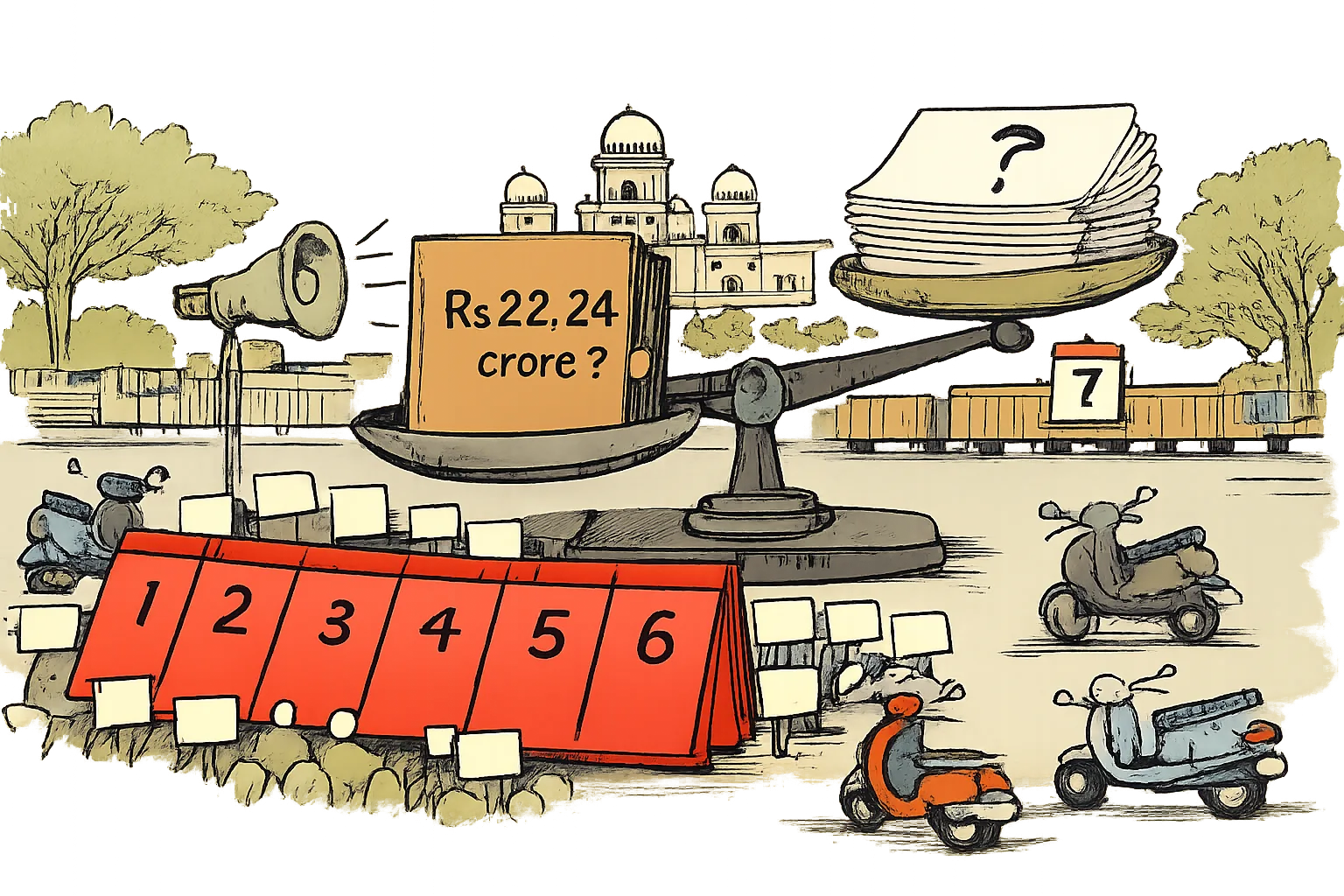 A six-page protest calendar and parked scooters surround a large file marked “Rs 22.24 crore?” balanced against blank records on a scale, with the Telangana Assembly building and a page marked seven in the background.