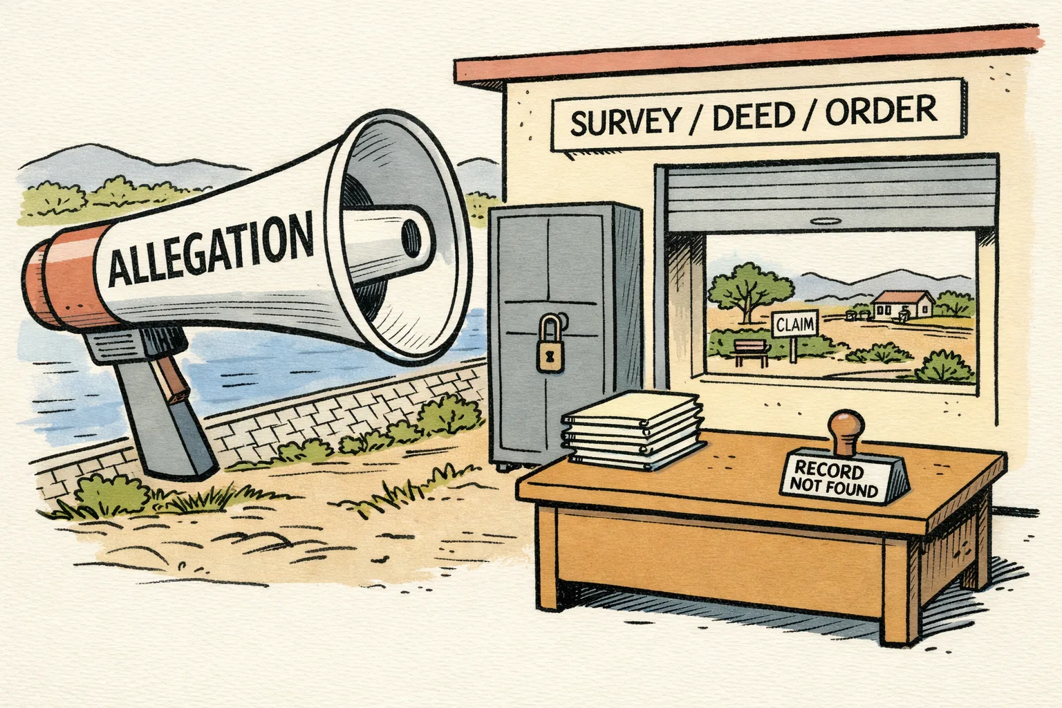 A large megaphone marked allegation points at a locked Siddipet government records office, where blank folders and a stamp marked record not found sit beside a view of a reservoir park and distant farmhouse.