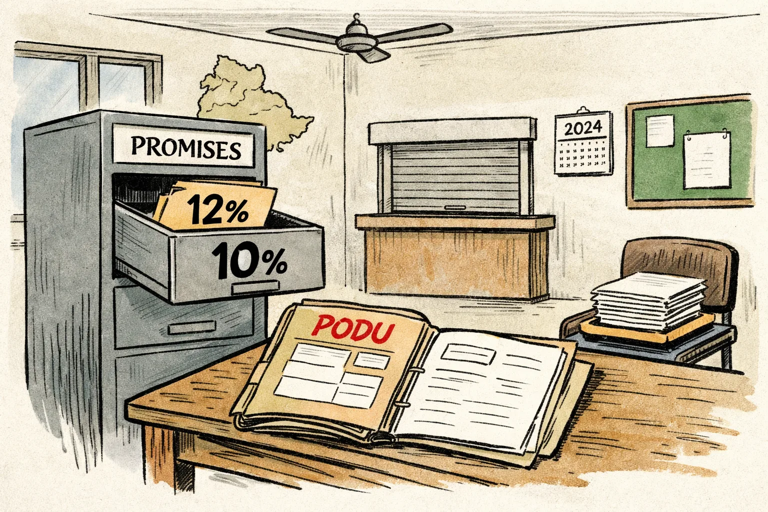 A Telangana government-office desk shows an open filing cabinet marked 12% containing a smaller 10% folder, beside unfinished Podu paperwork and waiting documents.