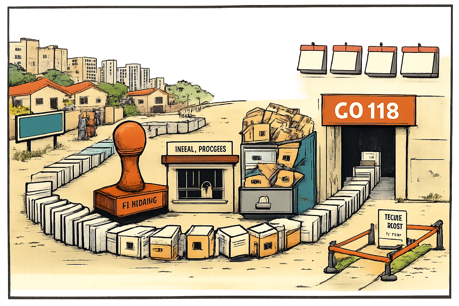 A hand-drawn cartoon shows an LB Nagar colony behind a winding queue of files leading to a government office marked GO 118, blocked by a pending stamp, a locked new-process window and overflowing filing cabinets.