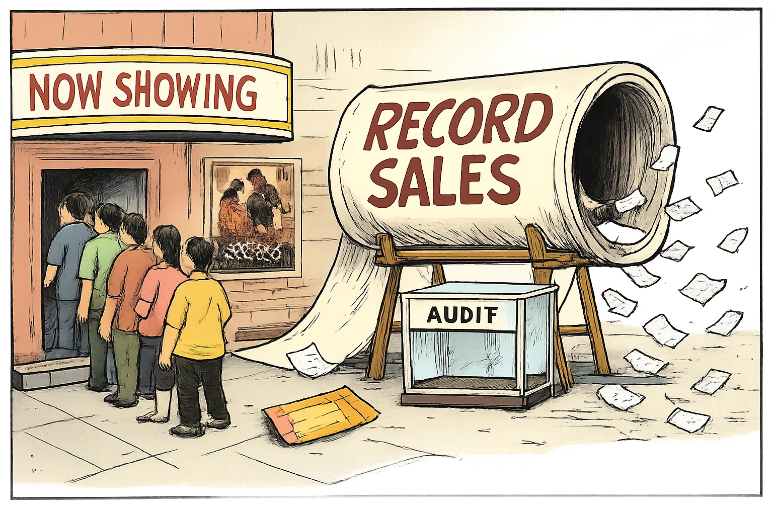 A multiplex marked Now Showing stands beside a huge empty banner claiming record sales, with loose receipts blowing past an empty audit box.
