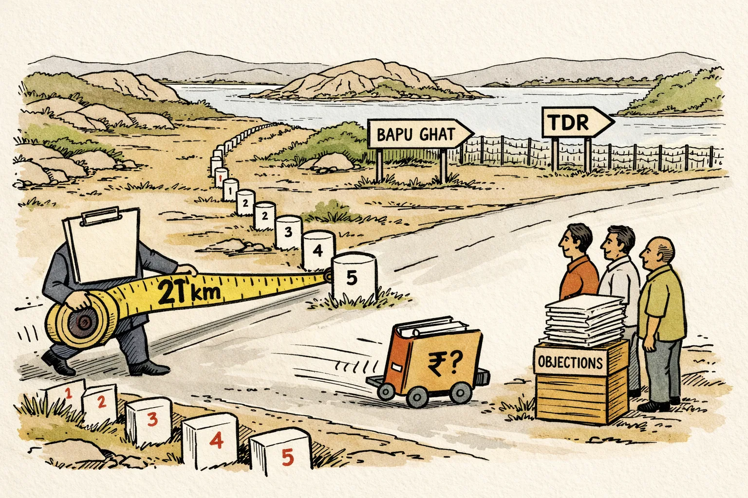 A line of numbered boundary stones stretches across a Hyderabad landscape while a measuring tape marked 21 km advances; a small compensation file labelled with a question mark rolls away from landowners holding objection forms.