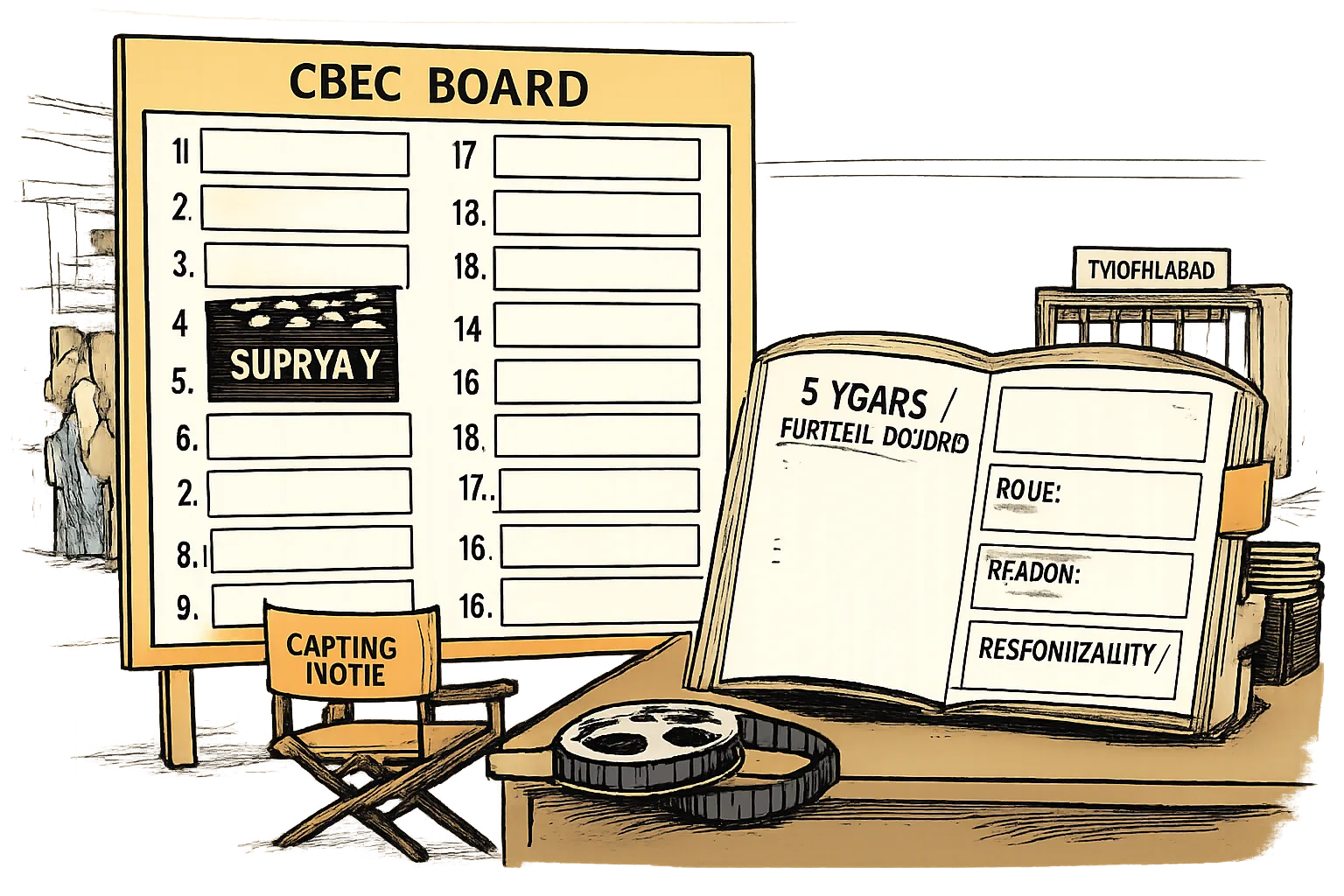 A cartoon CBFC noticeboard lists 18 numbered appointments, with a clapperboard in slot eight, while an open government file has blank boxes for role, reason and responsibility.