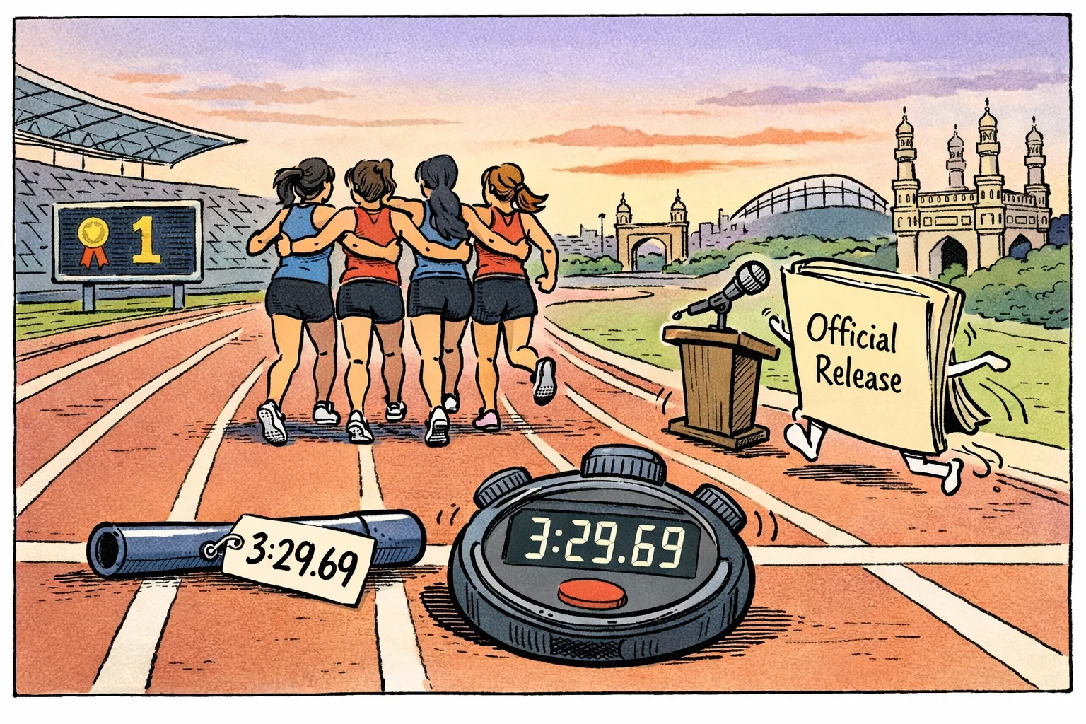 Four anonymous relay runners cross an athletics finish line as a baton and stopwatch marked 3:29.69 sit ahead of a trailing official folder and microphone.