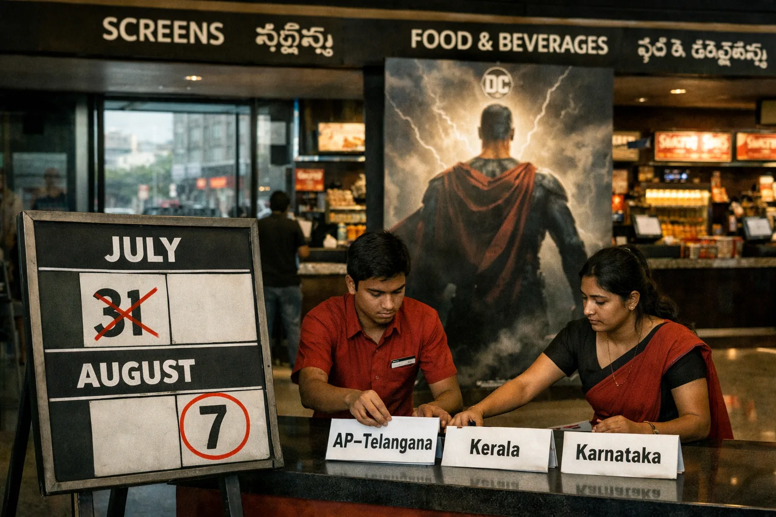 A photorealistic cinema lobby displays a large DC release poster beside a calendar with August 7 circled, while theatre staff arrange distribution boards for AP and Telangana, Kerala and Karnataka.