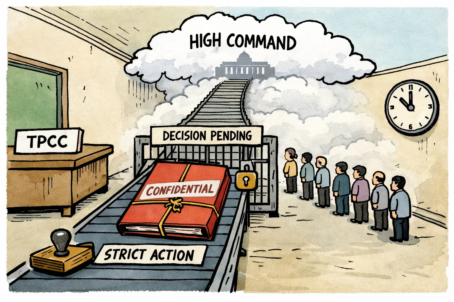 A sealed confidential file marked for strict action sits at a locked decision-pending gate while a conveyor belt disappears into a cloud labelled high command; a small queue waits beside a slow wall clock.