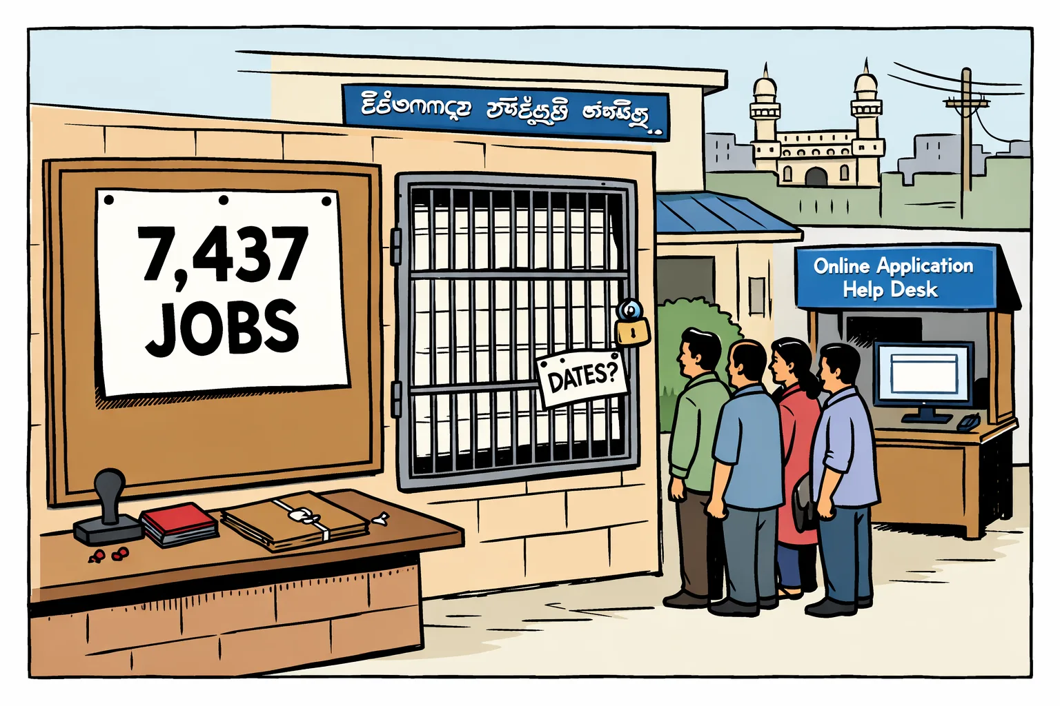A Telangana government recruitment notice hangs on a large locked calendar, while a queue of hopeful applicants waits outside an online application kiosk in Hyderabad.