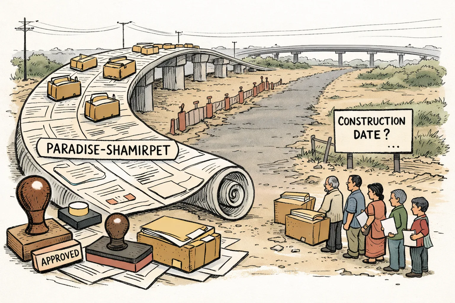 A giant elevated roadway made of government files and stamped papers runs beside an unfinished Hyderabad roadside marked with a sign asking for a construction date.