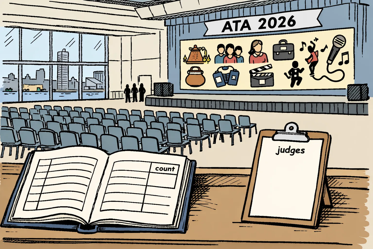 A hand-drawn Baltimore convention hall contains a large programme board filled with cultural, youth, business and music icons, while an empty attendance ledger and rows of mostly vacant chairs sit in the foreground beneath a banner for the American Telugu Association convention.