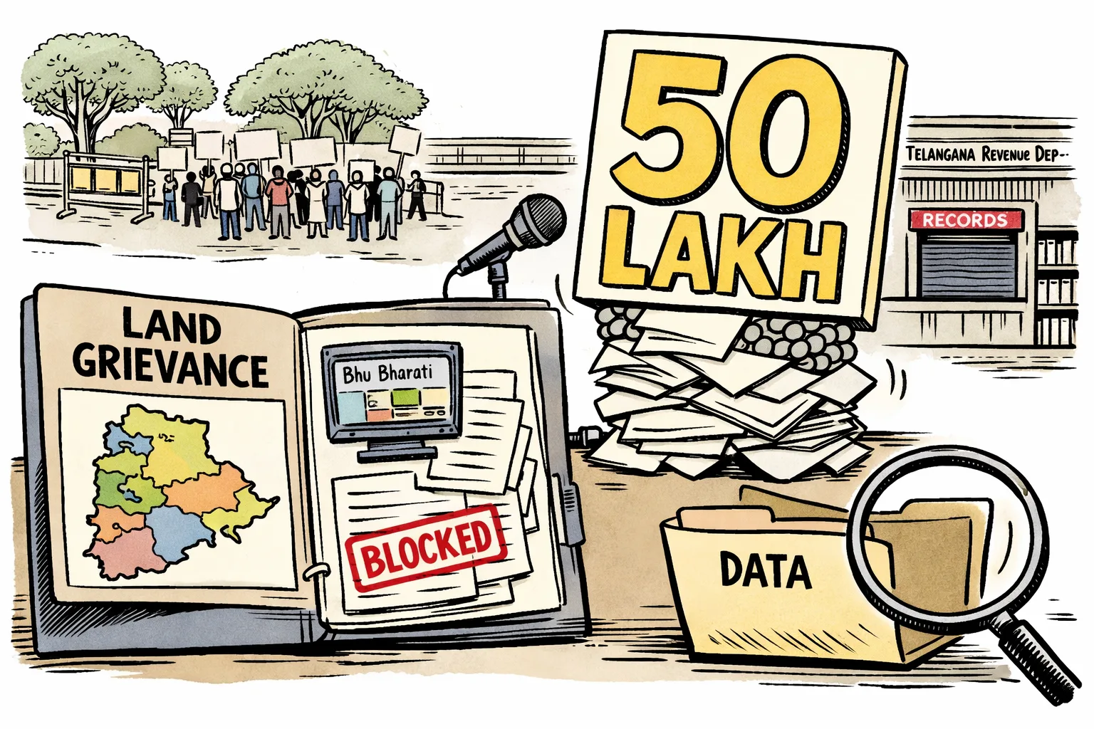 An oversized “50 LAKH” protest placard made of loose calculator beads and blank papers wobbles beside an open land grievance file containing a Telangana map and blocked-property papers, while a magnifying glass rests over an empty data folder.