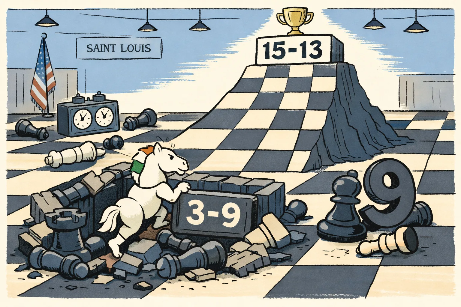 A generic chess knight climbs from a trench marked 3–9 toward a raised chessboard finish marked 15–13, with fallen pieces, a tournament clock and a championship cup around it.