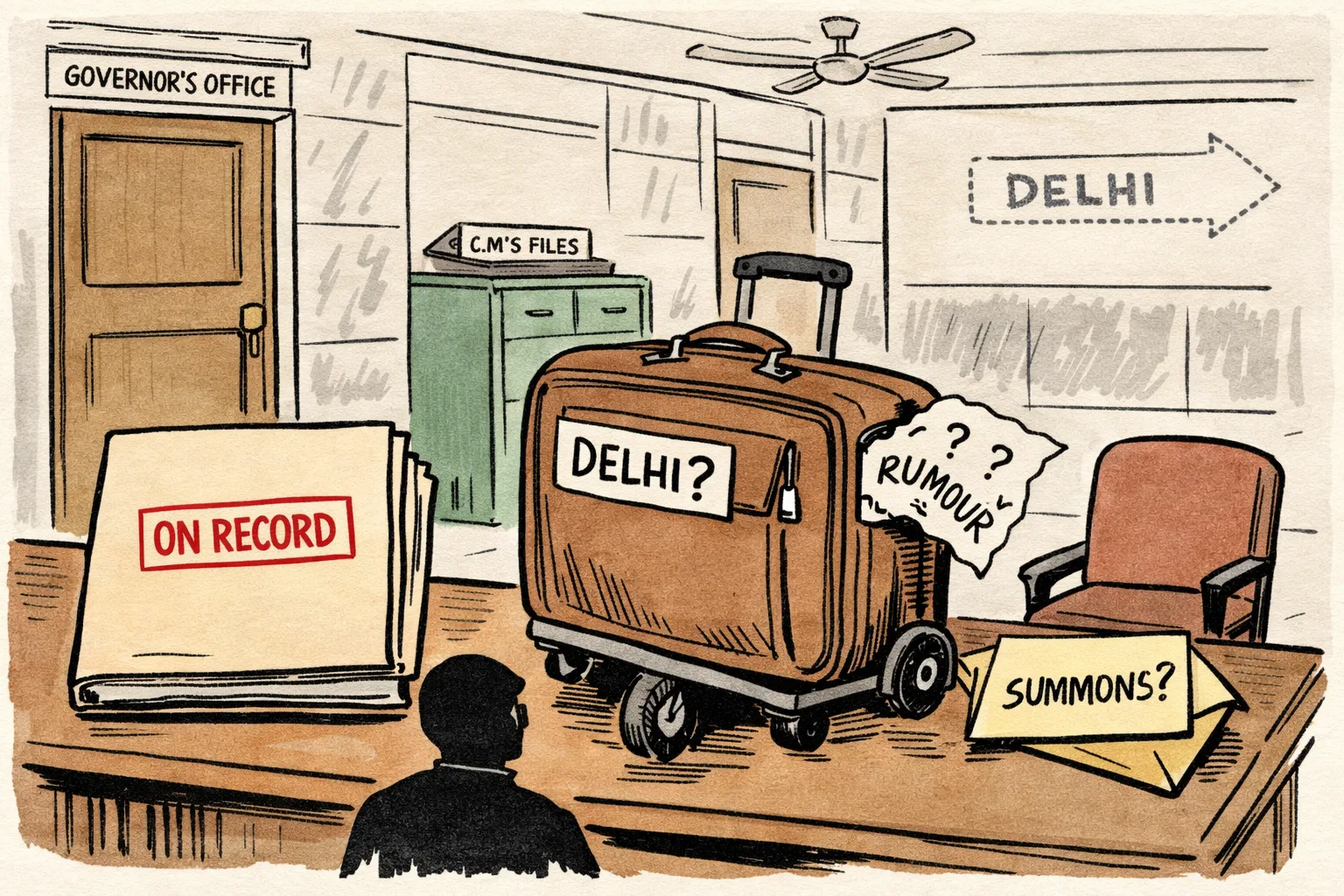 A stamped cabinet-removal file sits on a government desk beside a wobbling luggage trolley carrying a suitcase marked “DELHI?” and an unopened envelope marked “SUMMONS?” in a Telangana office corridor.