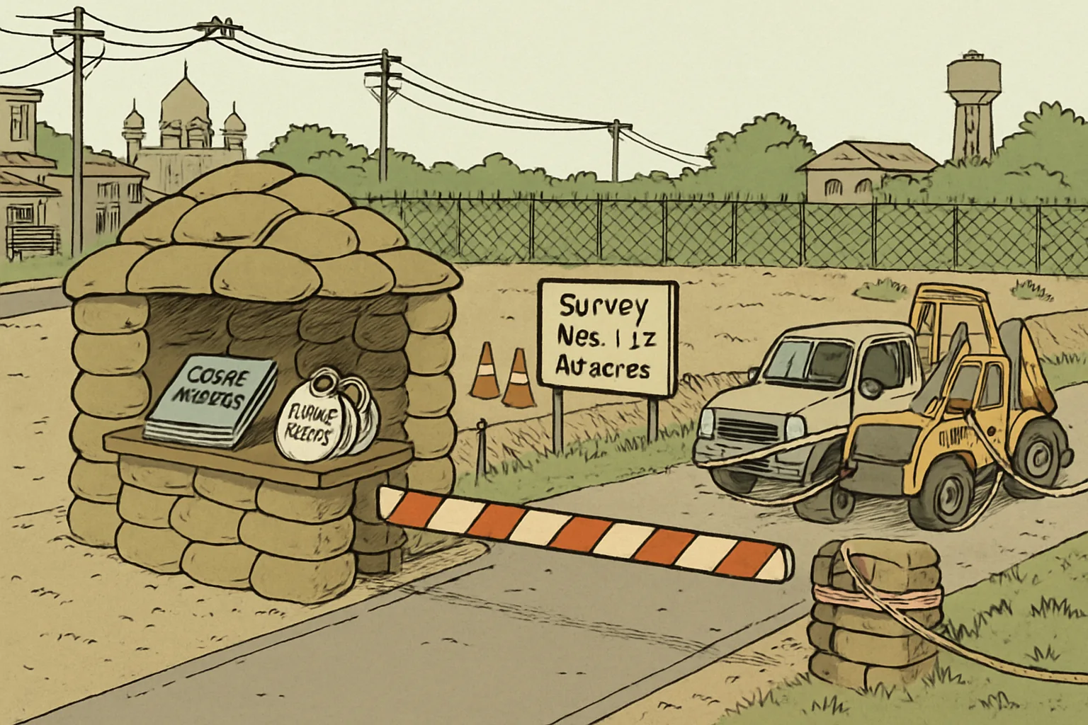 A hand-drawn cartoon shows an over-serious sandbag checkpoint guarding the gate of an empty fenced plot in Secunderabad. A big striped barrier blocks a tiny road; tags reading “Guarded,” “Court Orders,” and “Seized Vehicles” hang from the hut’s desk. Outside the barrier, a HYDRAA-labeled pickup and excavator sit tied up with evidence tape. In the distance are the Telangana High Court domes and low cantonment-style buildings. No people are shown.