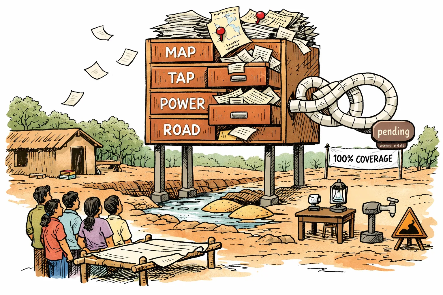 Residents wait beside a cot in a remote Telangana hamlet as a giant filing cabinet above a dry stream holds conflicting district maps and loops paperwork back into a pending stamp; an empty tap, unlit lantern and unfinished track sit nearby.