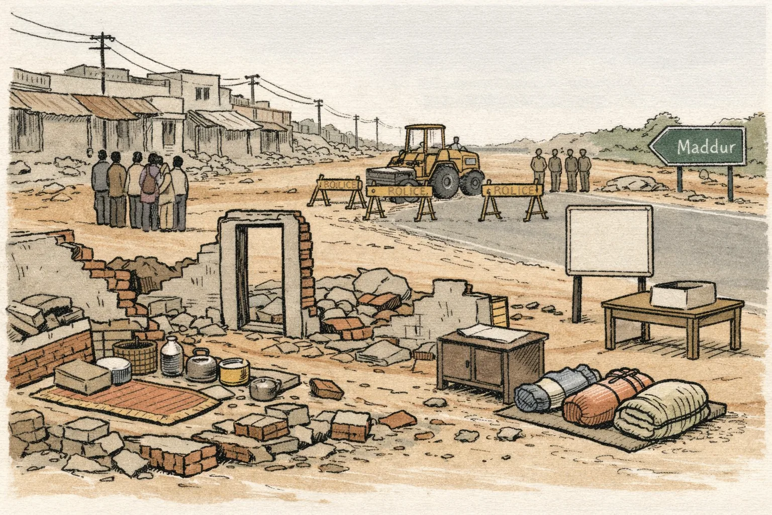 A demolished roadside settlement in Maddur lies beside a partly widened road, with rubble, salvaged belongings, a bulldozer, police barricades and an empty official notice board.