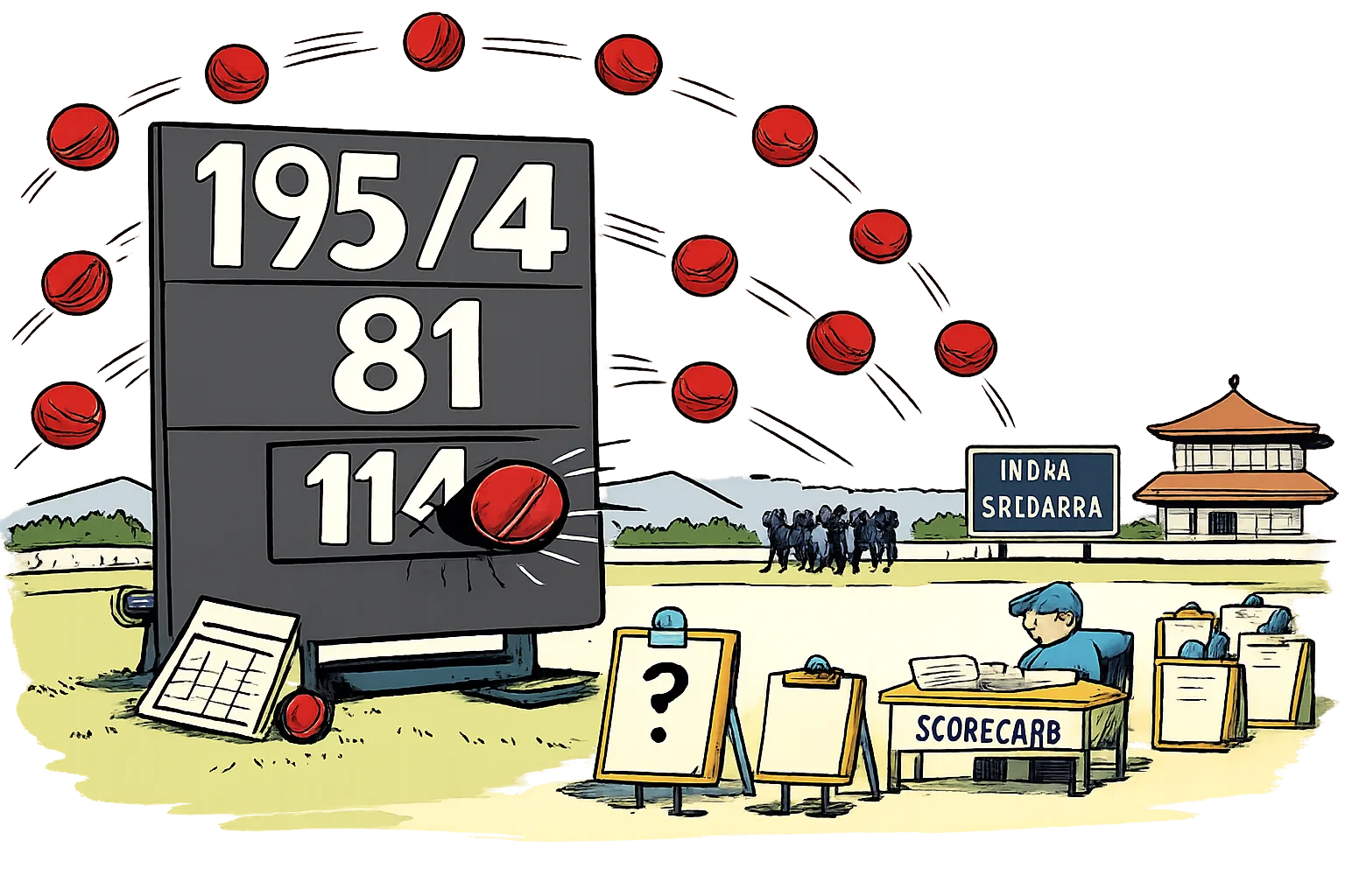 A giant cricket scoreboard displays 195/4 and 81 as a cricket ball breaks through a panel marked 114; a small scorecard marked record? waits beside an officials’ desk.