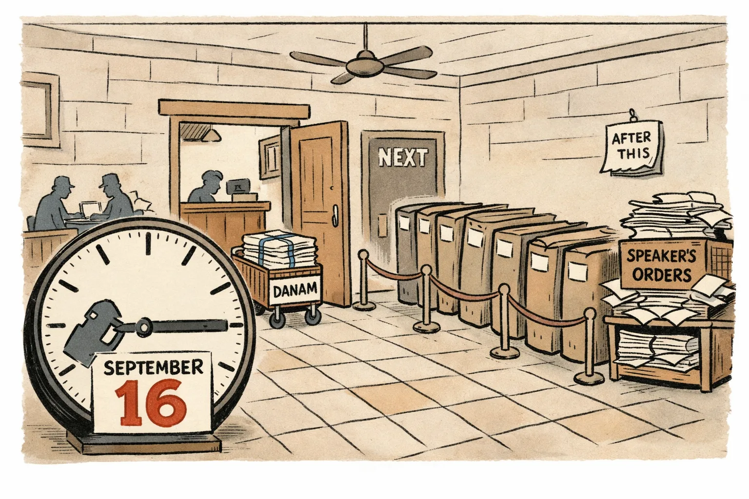 A courthouse clock marked September 16 stands beside a case file moving through an open courtroom door, while eight files wait in a dusty queue outside a closed door labelled “NEXT”.