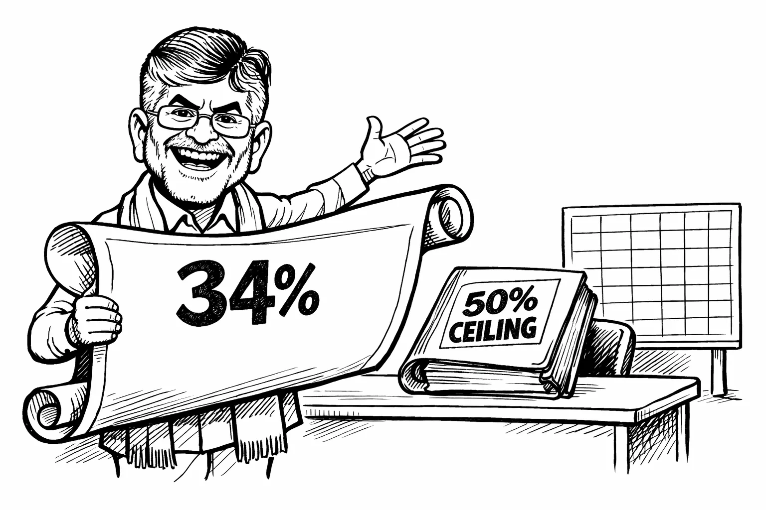 Andhra Pradesh Chief Minister N. Chandrababu Naidu presents a huge blank political ticket marked “34%”, while a court file stamped “50% CEILING” is pushed back beside an empty seat-allocation chart.