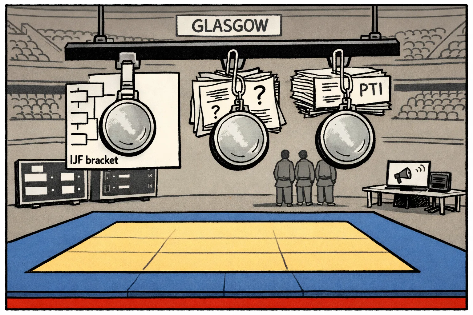 A hand-drawn cartoon of three judo medals suspended above a Glasgow competition mat, with one medal backed by a confirmed bracket and two beside stacks of press reports and question marks.