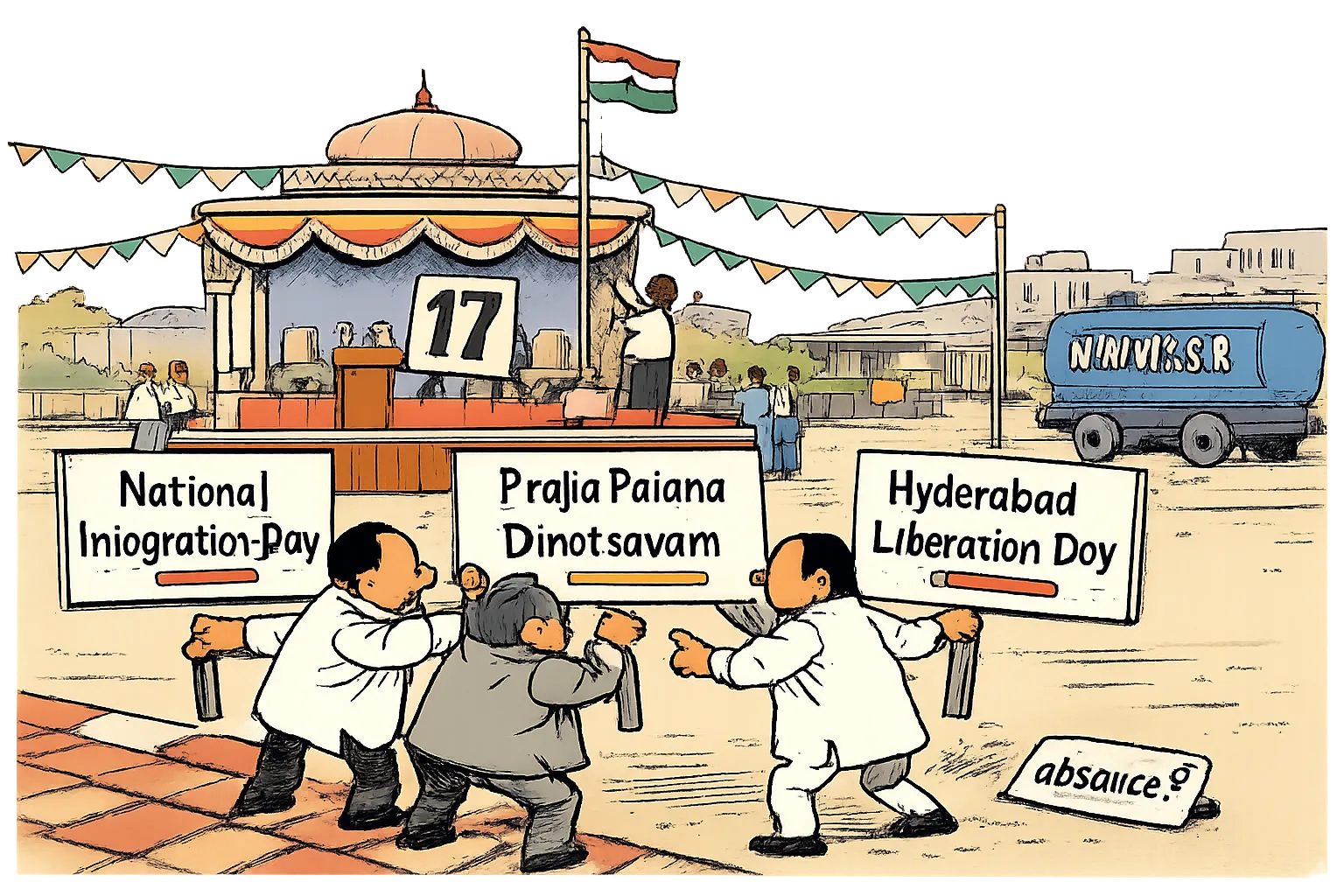 Three oversized signboards with different names point toward one flag-hoisting ceremony at a Hyderabad civic ground while anonymous figures argue over the labels.