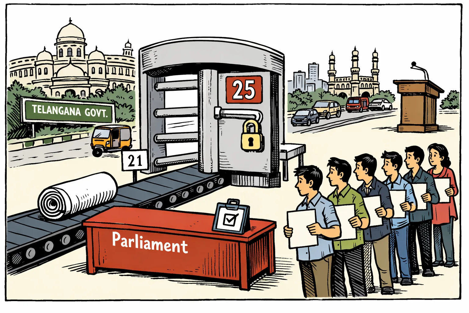 A giant constitutional gate marked with the current candidacy age of 25 stands between a Telangana Assembly resolution and a Parliament building, while a group of young adults wait outside holding nomination papers.