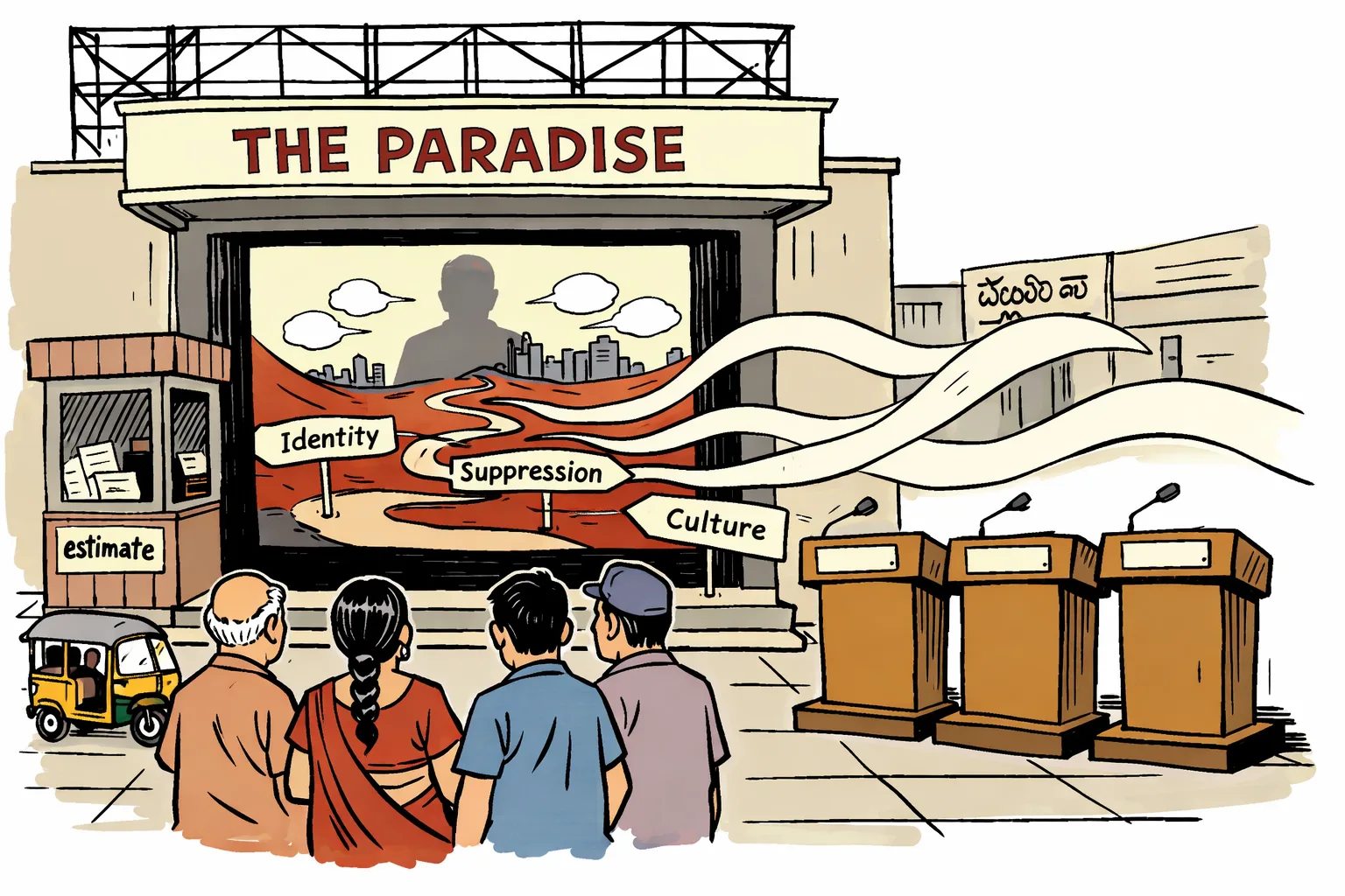 A Hyderabad theatre sends colourful speech ribbons from its film screen past ignored political lecterns, while viewers watch inside and estimate receipts sit at a ticket booth.