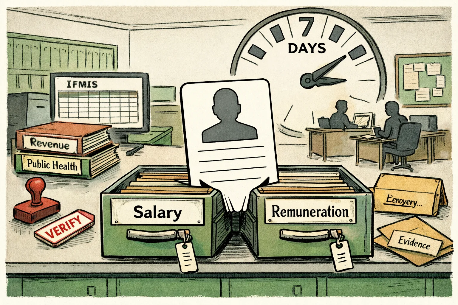 A Telangana government salary-processing desk shows one Aadhaar-shaped key being used to open two salary drawers, while a large seven-day clock hangs above stacked verification files and an IFMIS computer screen.