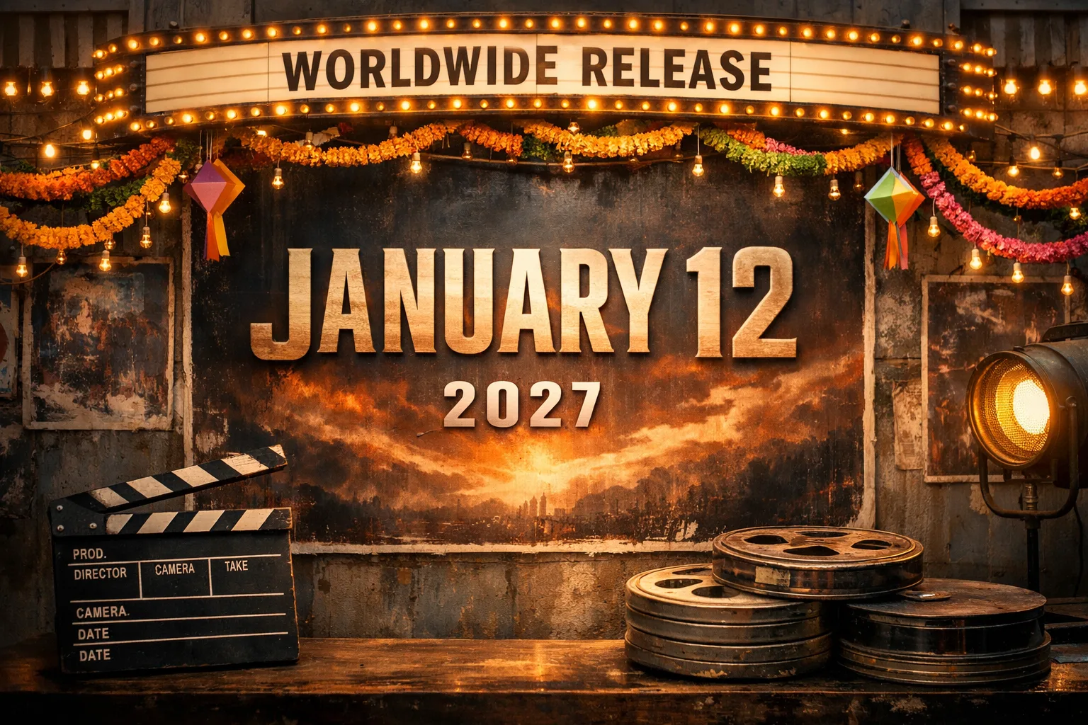 A cinema marquee and title-reveal poster display the words January 12 and 2027 beside film equipment and theatre decorations.