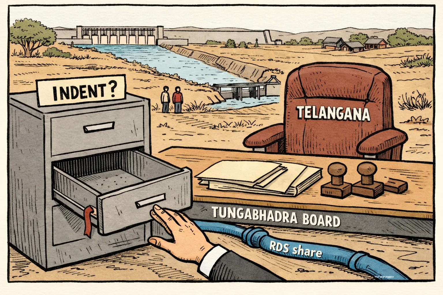An empty government file drawer marked “INDENT?” sits beside a chair labelled “TELANGANA” at a table marked “TUNGABHADRA BOARD”; a kinked blue canal pipe leads toward dry Telangana fields.