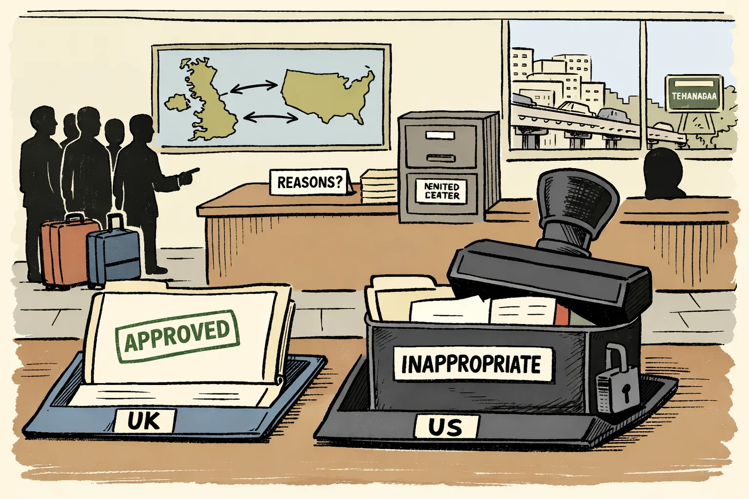 Two foreign-tour itinerary folders sit on a Hyderabad government office desk: the UK folder bears an approval stamp, while the US folder is blocked by a locked black box labelled “inappropriate”. A delegation waits beside suitcases near a sealed filing drawer marked “denial letter”.