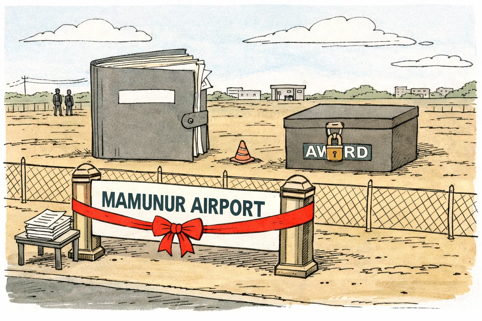 A large new airport nameplate stands at the gate of an empty fenced site, beside name-suggestion forms and a locked contractor-award box.