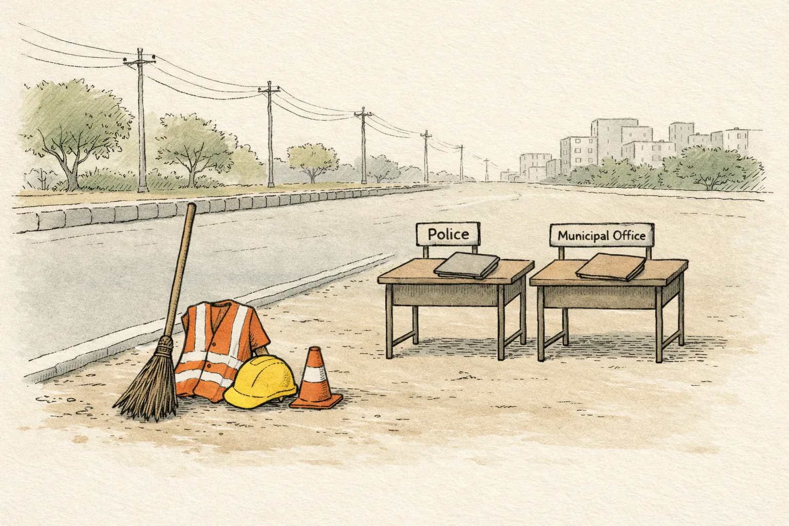 An empty Khammam roadside cleaning area with a helmet, reflective vest and broom in the foreground, and closed police and municipal files on unattended desks behind them.