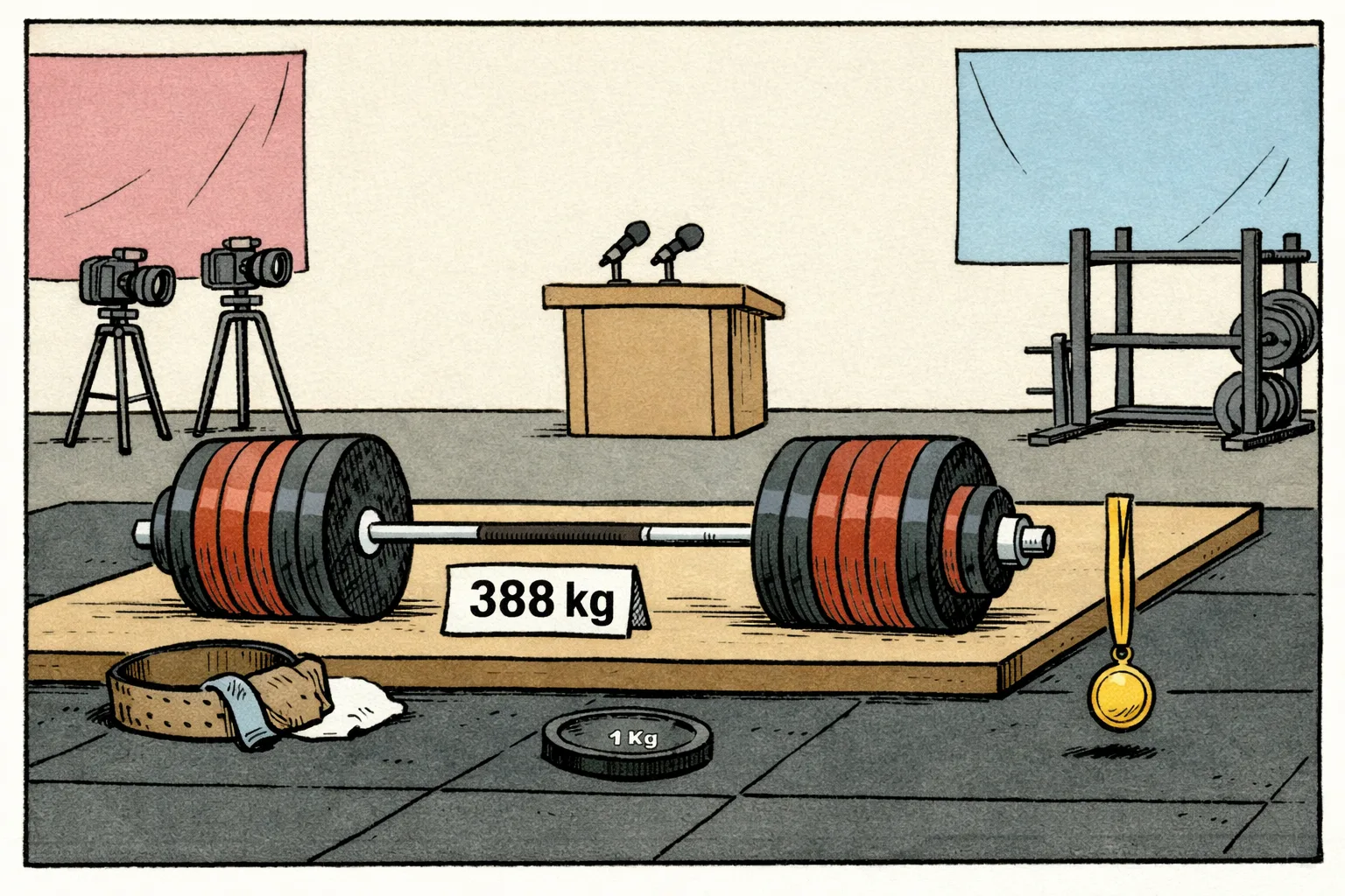 A Telangana weightlifting platform holds a giant barbell labelled 388 kg, while a tiny gold medal hangs just beyond reach and a second weight marked 1 kg sits on the floor between them; empty podium bunting and cameras wait in the background.