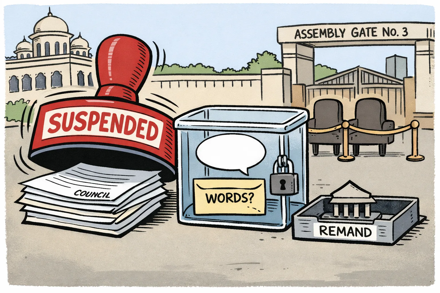 A giant red suspension stamp hovers over legislative papers beside a locked box containing a blank speech bubble labelled ‘WORDS?’, with the Telangana Assembly complex in the background.
