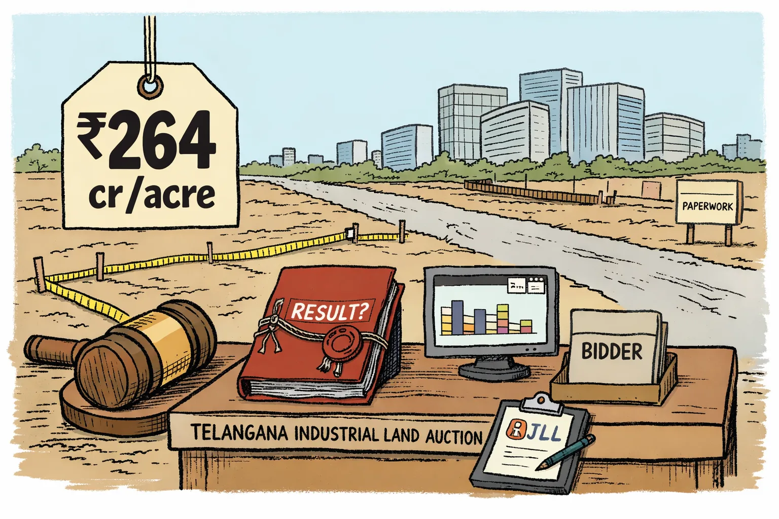 A giant ₹264 crore per acre price tag towers over an unopened auction-result file and an empty bidder folder beside a measured plot and Hyderabad office skyline.