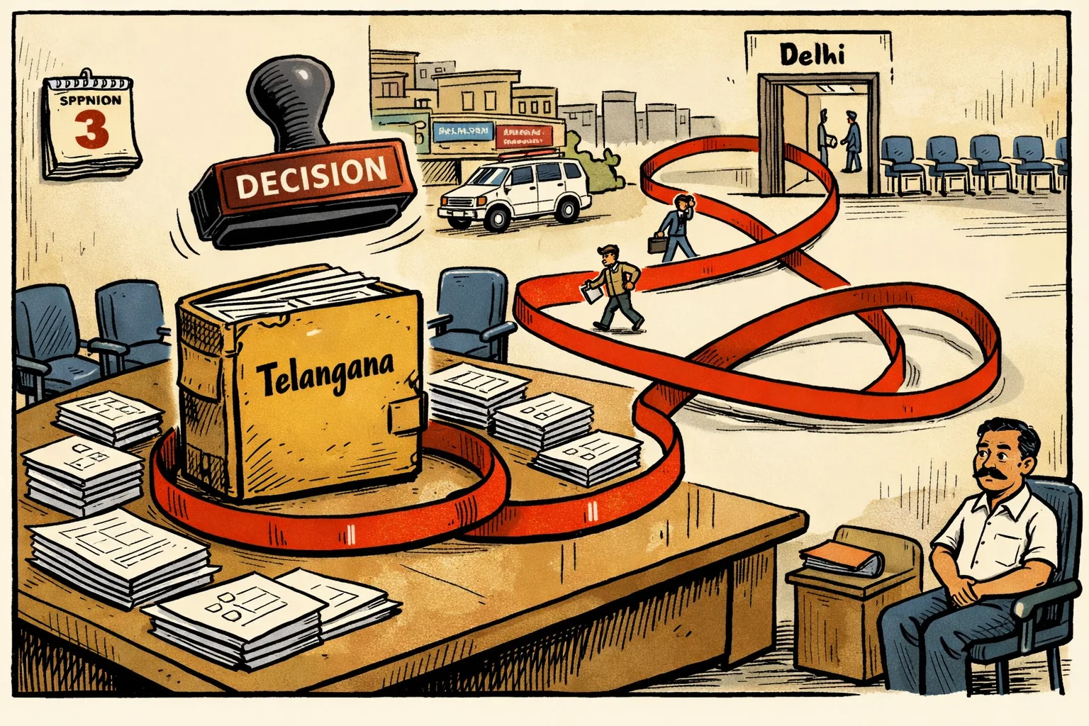 A Telangana government file is trapped in a loop of red tape between a Hyderabad office and a Delhi doorway, while a decision stamp hovers above it and a calendar shows September 3.